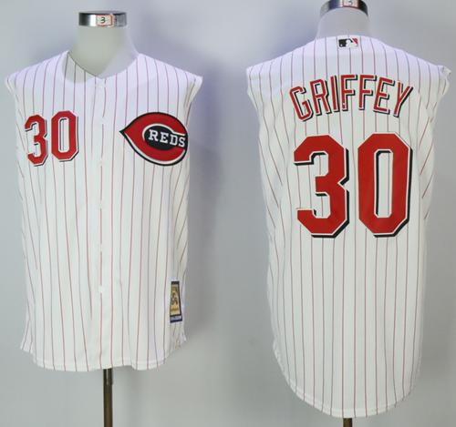 Mitchell And Ness 2000 Reds #30 Ken Griffey White Strip Throwback Stitched MLB Jersey